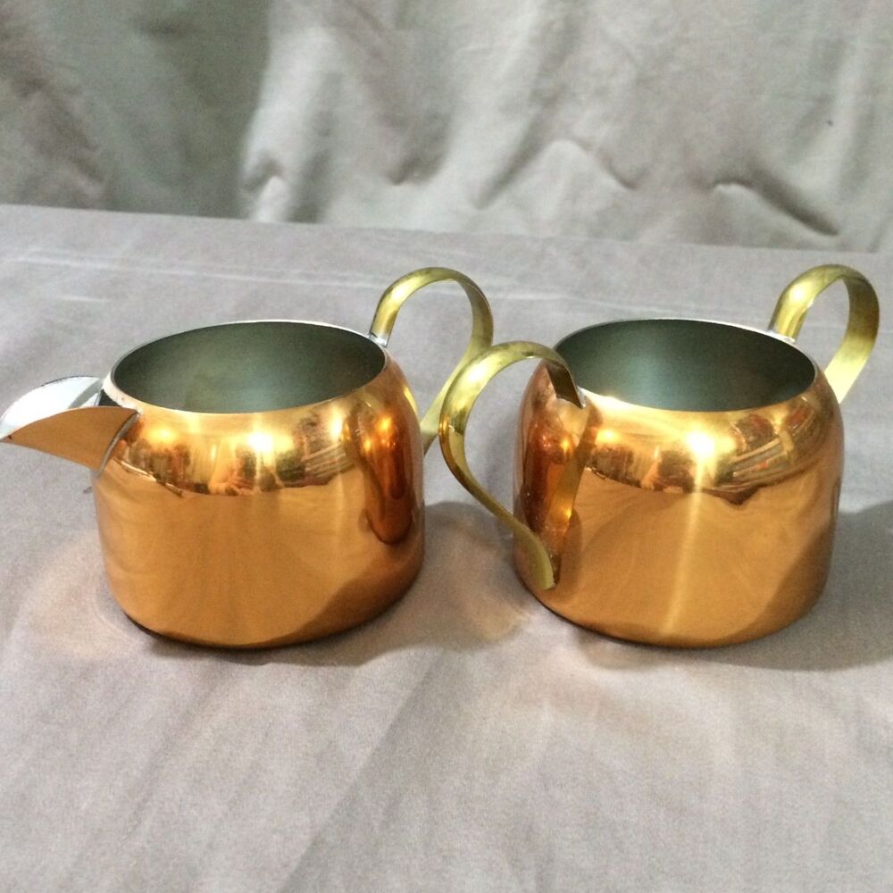 Vintage Coppercraft Guild Copper Creamer Sugar Bowl Set Brass Handles Taunton